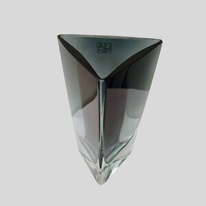 LSA Poland Art Glass Vase, Triangle Blue Ombre 8" Hand Blown Smoke Gray Heavy